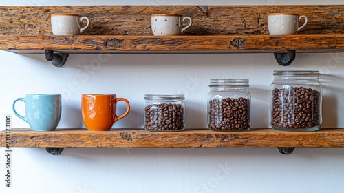 Rustic Kitchen Shelves with Coffee Beans in Jars and Colorful Mugs photo