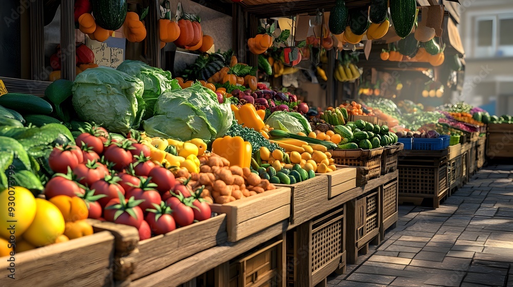 Obraz premium Organic Vegetable Market Stalls Showcasing Fresh 3D Produce