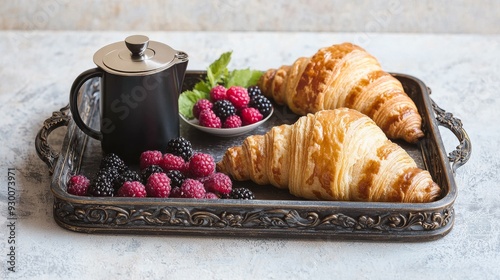 Fresh Croissants and Berries with Coffee Pot on Rustic Tray photo