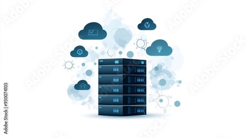 Modern data storage concept featuring server stack with cloud symbols, representing technology, network and digital solutions.