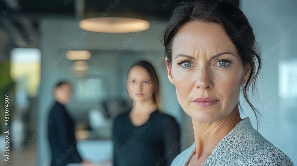 A professional woman in focus looks determined in the foreground, with two blurred colleagues conversing in the background in a modern office setting. A professional woman in focus looks determined in the foreground, with two blurred colleagues conversing in the background in a modern office setting.