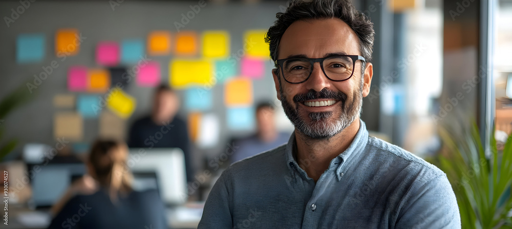Fototapeta premium A smiling man in glasses poses confidently in a modern workspace filled with colorful sticky notes.