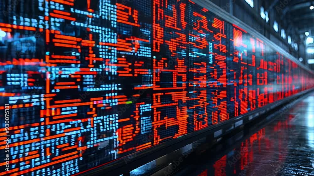 A vibrant display of glowing digital patterns illuminates a city street, creating an engaging atmosphere in the evening. A vibrant display of glowing digital patterns illuminates a city street, creating an engaging atmosphere in the evening.