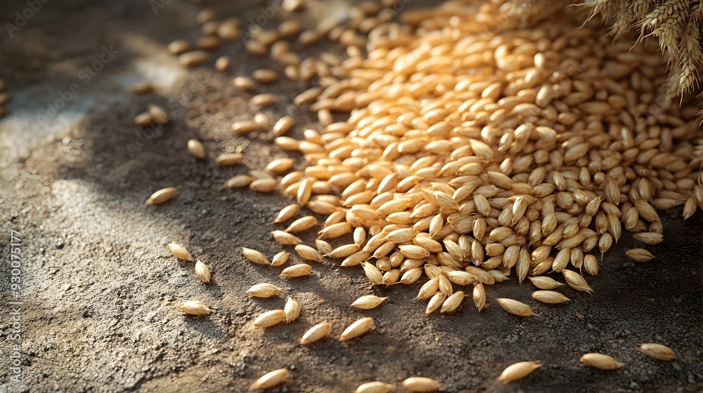 Fototapeta premium Scattered Organic Wheat Grains on Rustic Surface in 3D
