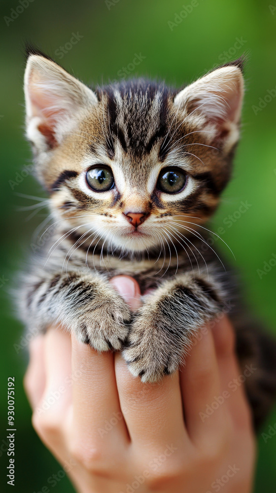 A tiny kitten with big green eyes is being held by a person