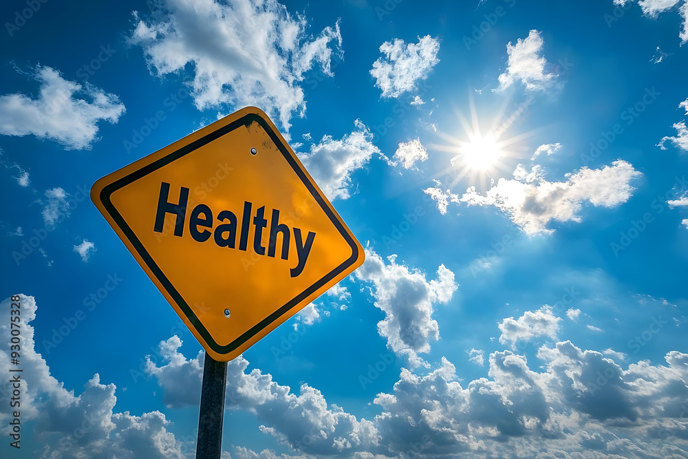Naklejka premium A vibrant 'Healthy' sign against a bright blue sky and fluffy clouds, symbolizing wellness and a positive lifestyle.