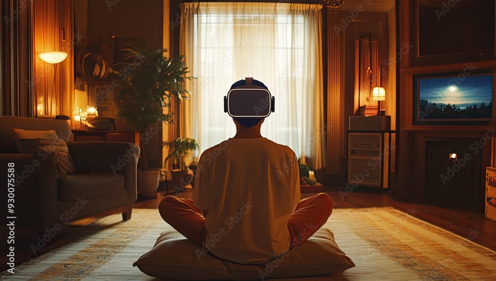 Person wearing VR headset sits on cushion in living room. Person wearing VR headset sits on cushion in living room.