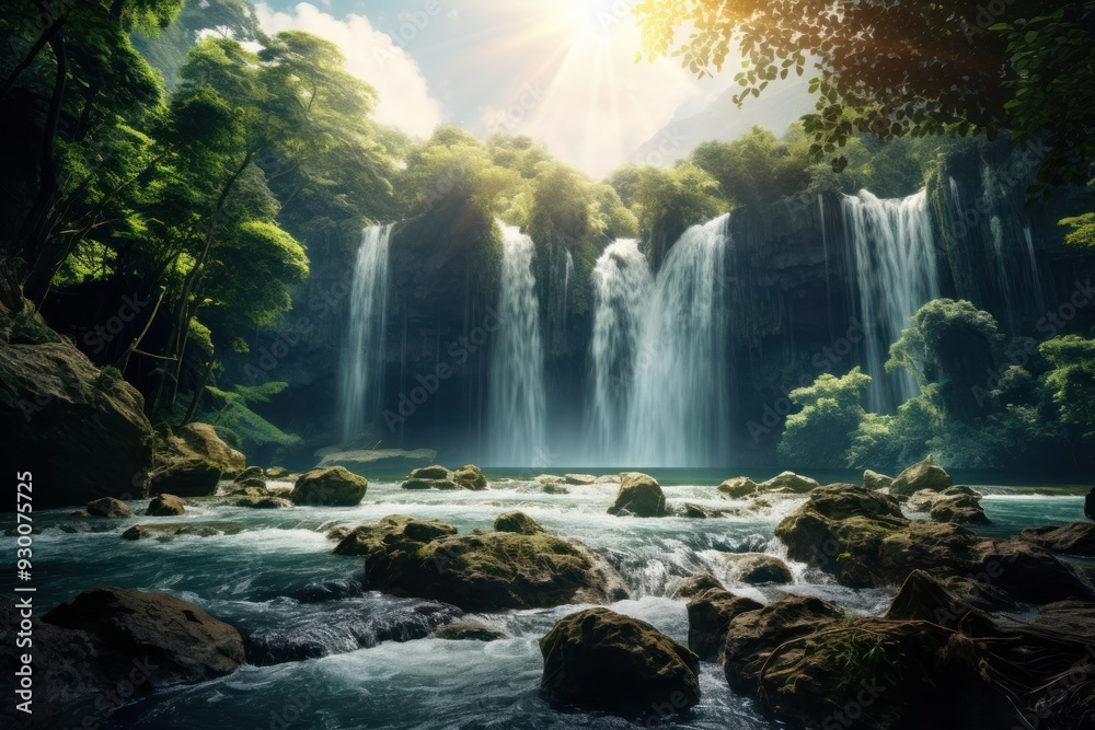 Nature waterfall landscape sunlight. Nature waterfall landscape sunlight.
