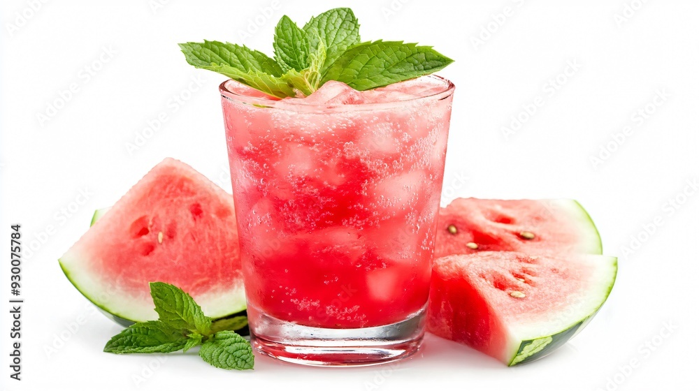 Refreshing Summer Watermelon Drink with Mint in Glass on White Background Refreshing Summer Watermelon Drink with Mint in Glass on White Background