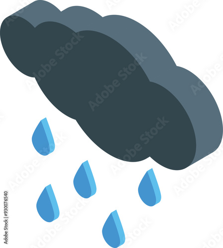 Dark grey cloud pouring rain in isometric view, perfect for weather related projects
