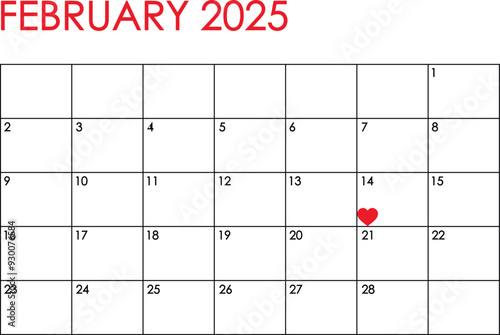 February 2025 month calendar. Simple design in red and black colors and a heart marking Valentine's Day on February 14th