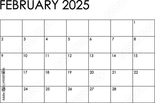 February 2025 month calendar. Simple black and white design