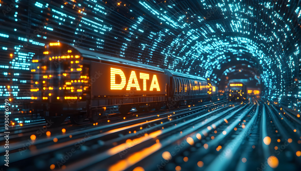 Futuristic train traveling through a digital tunnel, symbolizing data transport and technology integration. Futuristic train traveling through a digital tunnel, symbolizing data transport and technology integration.