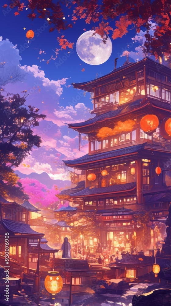 Fototapeta premium Enchanting Mid-Autumn Festival: Illuminated Chinese Buddhist Temple Adorned with Traditional Lanterns. AI-Generated Digital Art in Anime Style for Seasonal Marketing, UI Design, and Cinematic Greeting
