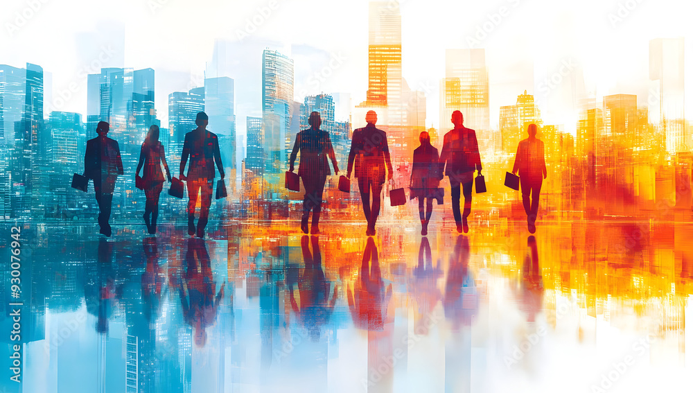 Silhouettes of business professionals walking in a vibrant cityscape, symbolizing ambition, teamwork, and urban success. Silhouettes of business professionals walking in a vibrant cityscape, symbolizing ambition, teamwork, and urban success.