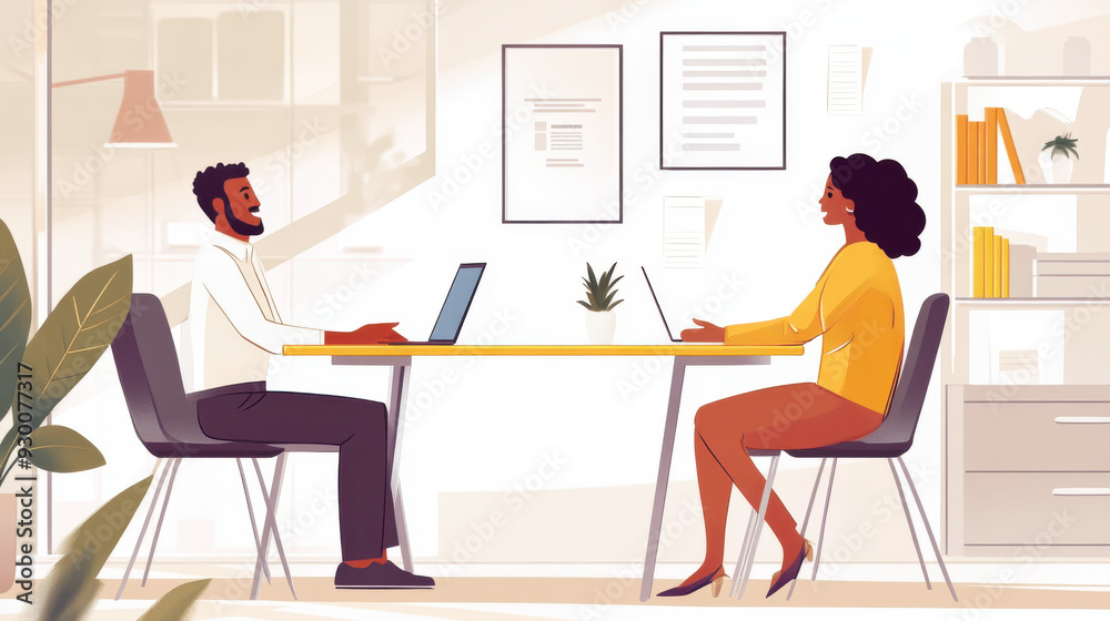 A hiring manager conducting an interview with a candidate from a minority background, set in a well-lit, inclusive office environment. The setting is professional yet welcoming A hiring manager conducting an interview with a candidate from a minority background, set in a well-lit, inclusive office environment. The setting is professional yet welcoming