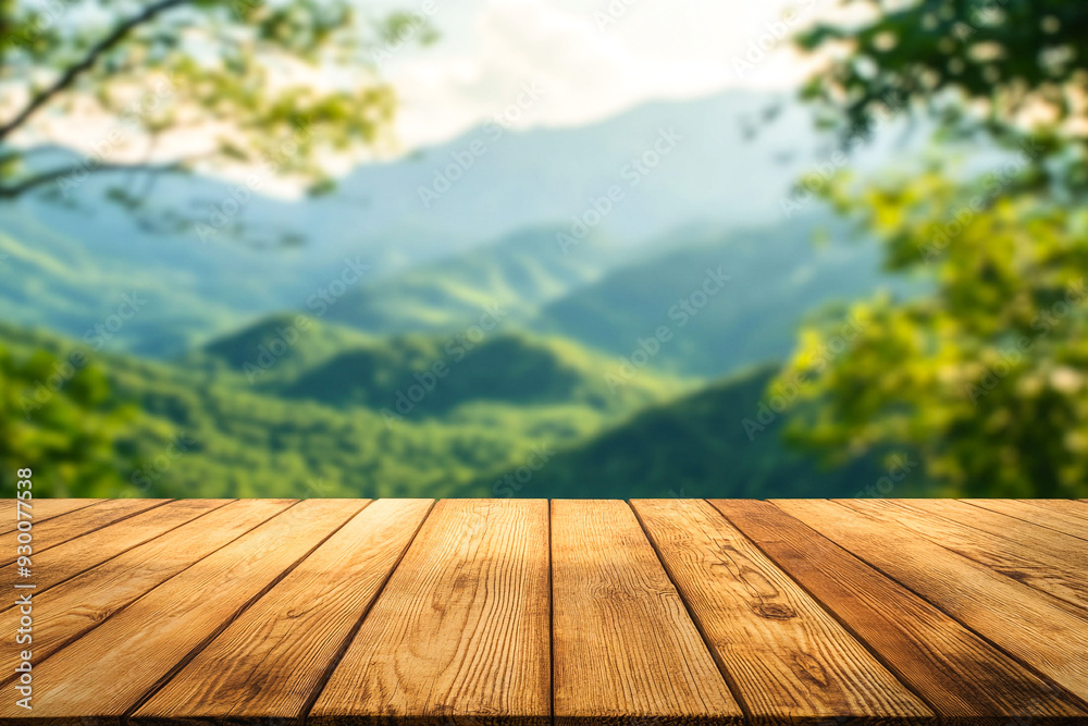 Wooden empty tabletop with green mountains in background Wooden empty tabletop with green mountains in background
