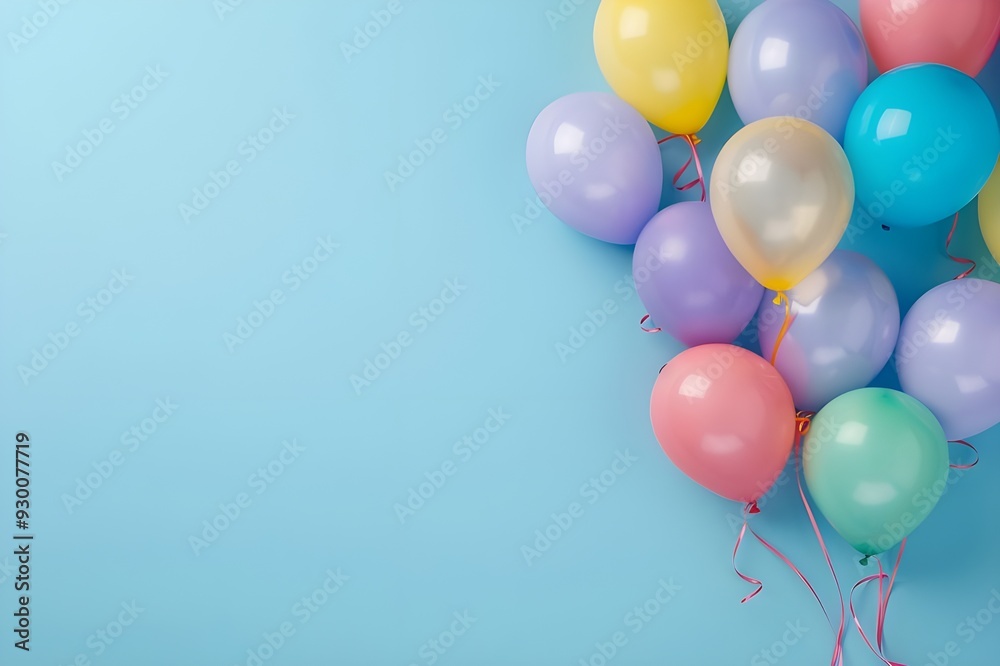 A bunch of colorful balloons on a light blue background, for a birthday. A bunch of colorful balloons on a light blue background, for a birthday.