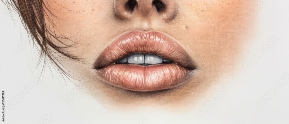 Fototapeta premium A drawing of a woman's lips with a nose ring above and one below