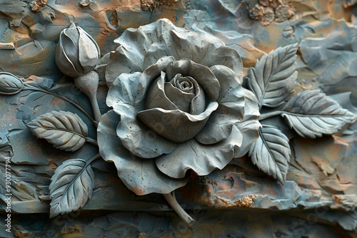 Elegant floral bas relief on textured wall created with generative AI technology photo