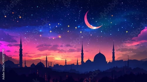 Starry Night Sky with Crescent Moon and Silhouette of Mosques photo