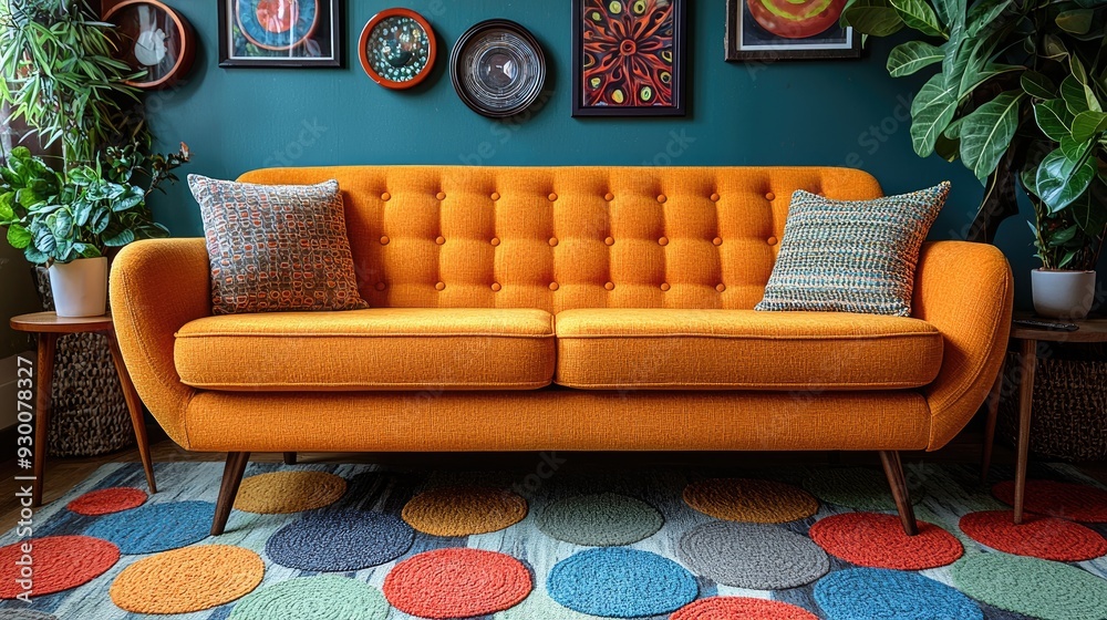 Yellow loveseat sofa and side tables against a colorful circle-patterned wall. The mid-century interior design of the modern living room.