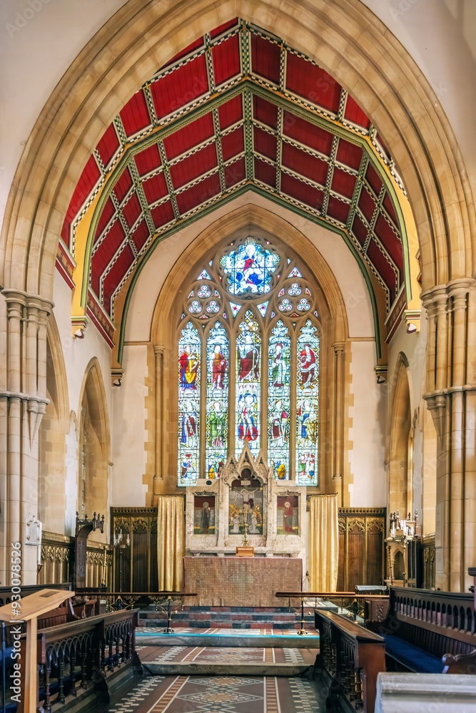 Fototapeta premium Stained glass window and altar in St Mary's Church,Marlow, Buckinghamshire, England