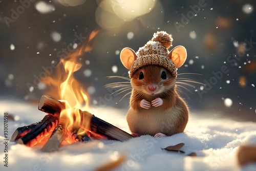 A cute mouse wearing a winter hat sits in the snow next to a campfire with amber tones and a nostalgic, berrypunk style. photo