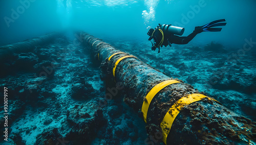 A diver explores a submerged pipeline in a tranquil underwater setting, highlighting the beauty of marine exploration. photo