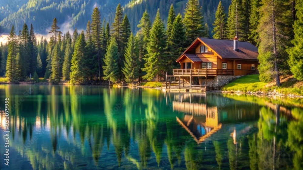 Fototapeta premium Chalet overlooking crystal lake surrounded by pine trees, chalet, crystal lake, pine trees, nature, tranquil, peaceful