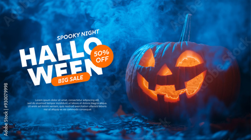 Halloween banner with tradition symbols. Autumn pumpkins illustration