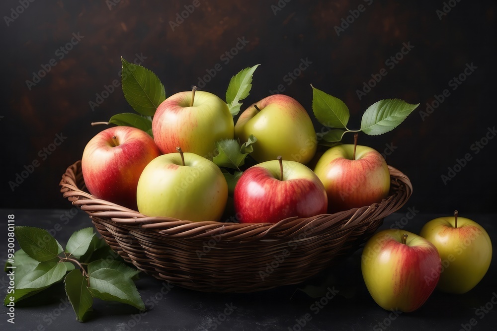 A wicker basket filled with ripe red and green apples A wicker basket filled with ripe red and green apples