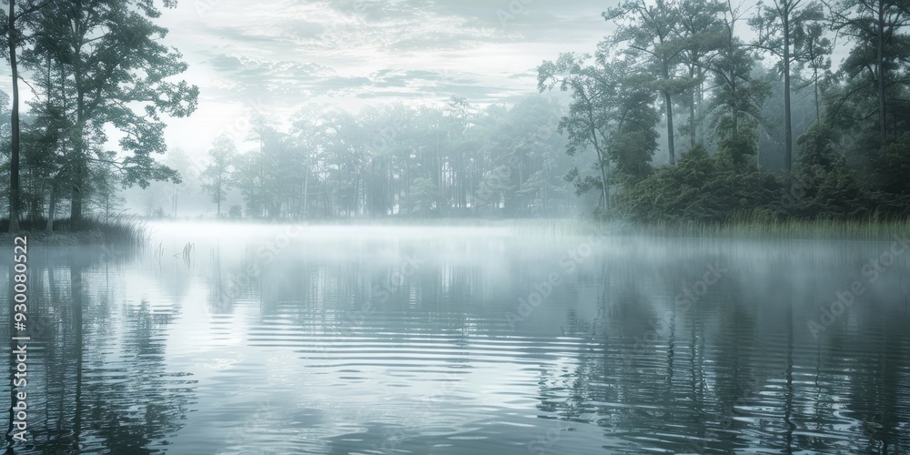 A serene lakeside view shrouded in mist, surrounded by lush trees under a cloudy sky. Perfect for nature and tranquility themes. A serene lakeside view shrouded in mist, surrounded by lush trees under a cloudy sky. Perfect for nature and tranquility themes.