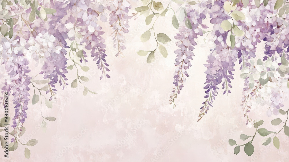 A soft, pastel floral background featuring cascading wisteria blossoms and green leaves. A soft, pastel floral background featuring cascading wisteria blossoms and green leaves.