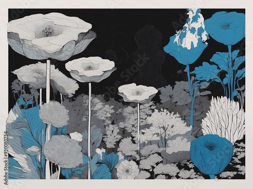 A minimal and strange illustration of a whimsical garden with distorted flowers, with a color scheme of deep blacks, grays, and blues, using risograph photo