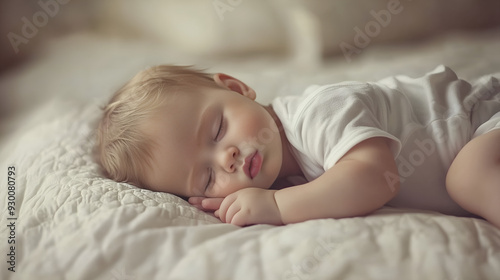 A cute little baby, not even 3 months old, is sleeping on the bed. 