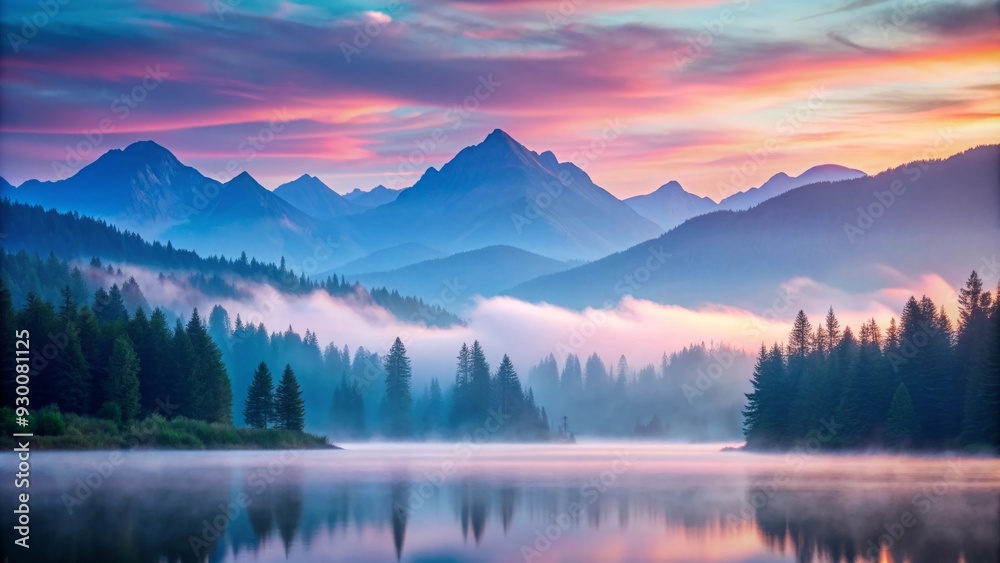 Fototapeta premium Serene mountain landscape at dawn with soft fluffy hues of pink and blue , mountains, landscape, dawn, serene, peaceful, nature, sky