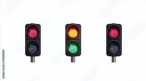 Bright Traffic Lights with Three Signals on White Background
