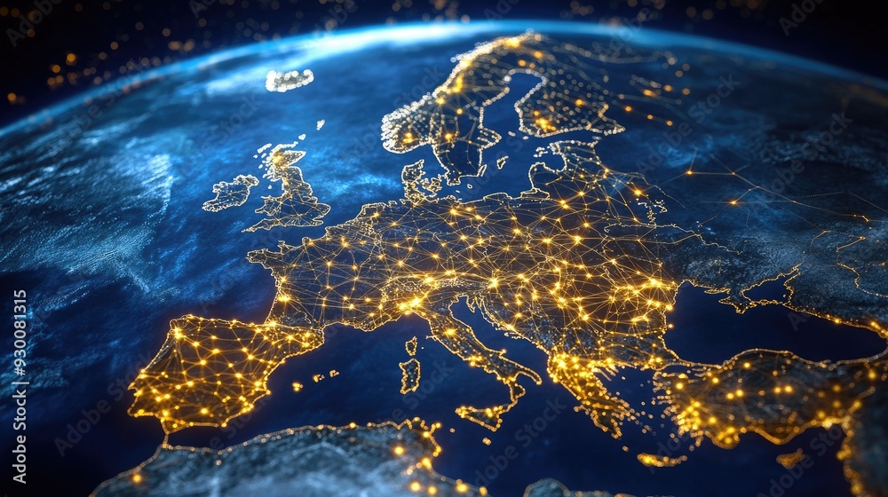 A digital map of Europe with bright network lines, representing the interconnectedness of the European Union.