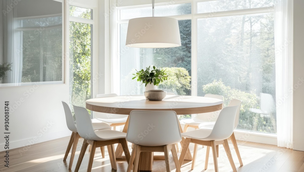 Obraz premium Dining room table with white chairs and large windows.