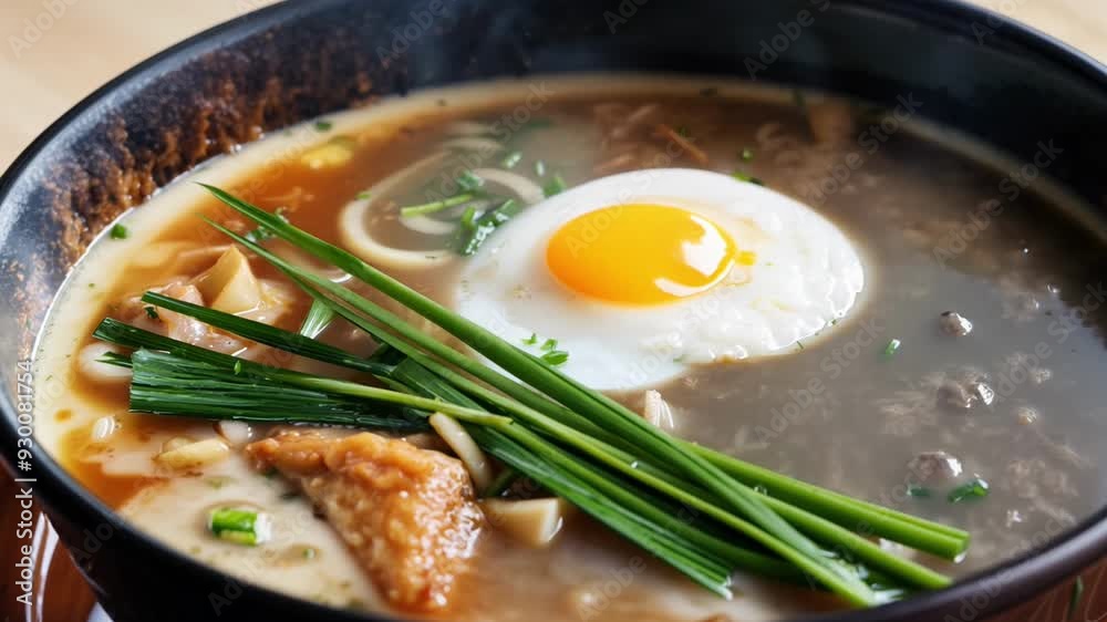 Enjoy the preparation of hearty ramen topped with a soft egg and fresh greens, crafted in a warm kitchen setting. Enjoy the preparation of hearty ramen topped with a soft egg and fresh greens, crafted in a warm kitchen setting.