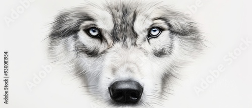  A tight shot of a wolf's face against a white backdrop, a blue-eyed creature in the foreground