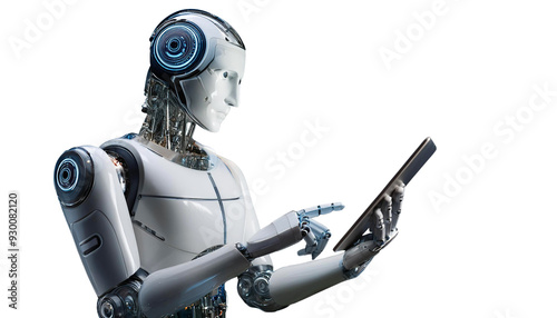 AI Robot Operating Tablet on Transparent Background PNG