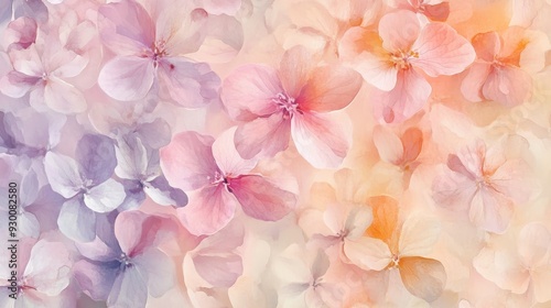 A soft, pastel floral background with overlapping flowers in various shades.