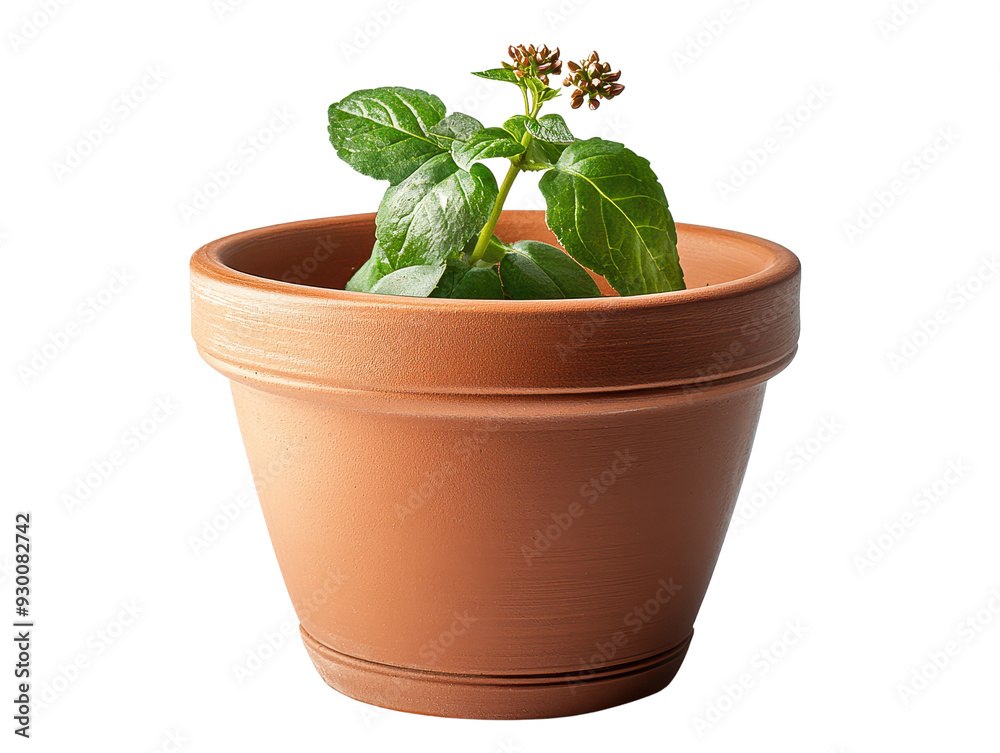 Fototapeta premium A charming clay pot featuring a vibrant green basil plant, ideal for home decor and gardening projects.
