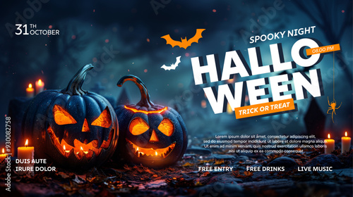 Happy halloween banner or party invitation background with pumpkins