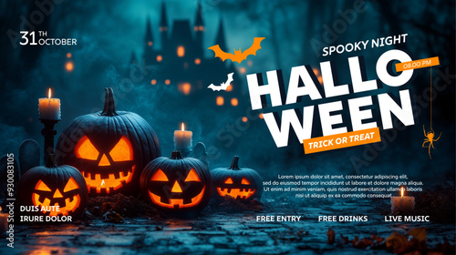 Halloween banner with tradition symbols. Autumn pumpkins illustration