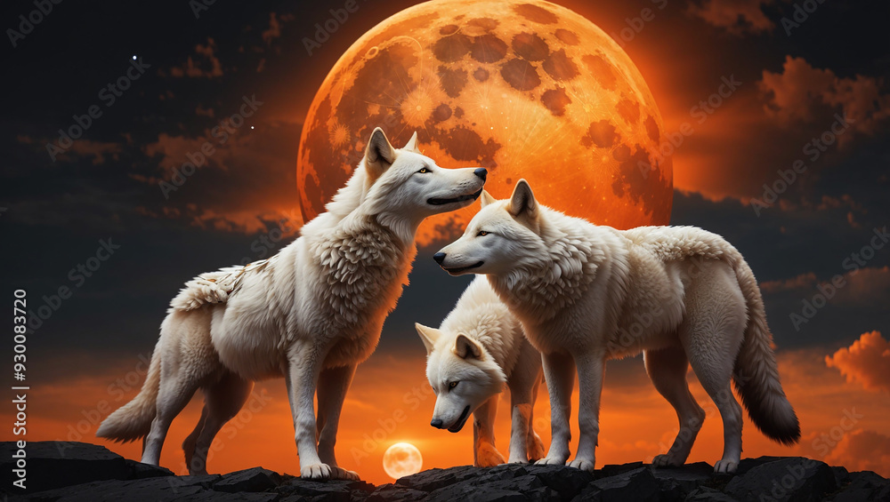Two_white_wolves_are_looking_at_a_large_orange_moon Two_white_wolves_are_looking_at_a_large_orange_moon