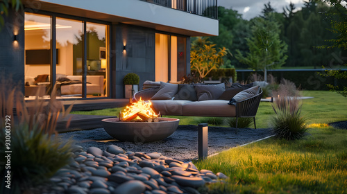 Cozy Modern Backyard with Fire Pit and Patio Furniture - 3D Illustration