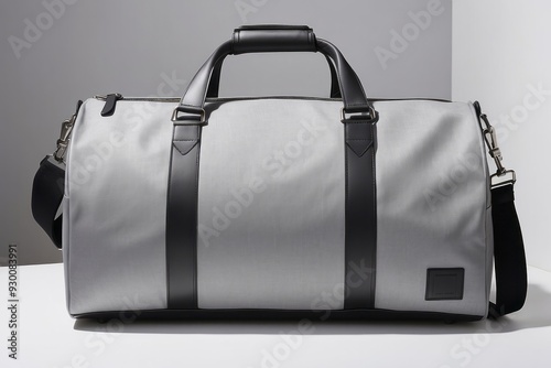 Grey Duffle Bag with Black Leather Accents and Shoulder Strap photo